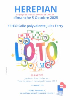 HEREPIAN - LOTO AU PROFIT DE LA LIGUE CONTRE LE CANCER